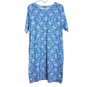 Chico's Blue Printed Short Sleeve Cotton Shift Dress, Size 2
